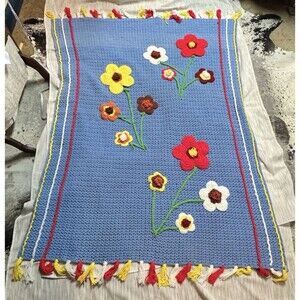 Crocheted Afghan Blanket Vintage Shabby Chic 3D Flower  Throw 54x69 Granny